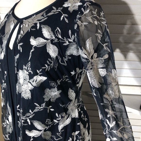 Connected Apparel Dress Floral Embroidered Mesh Jacket Navy White 12 - Picture 6 of 12